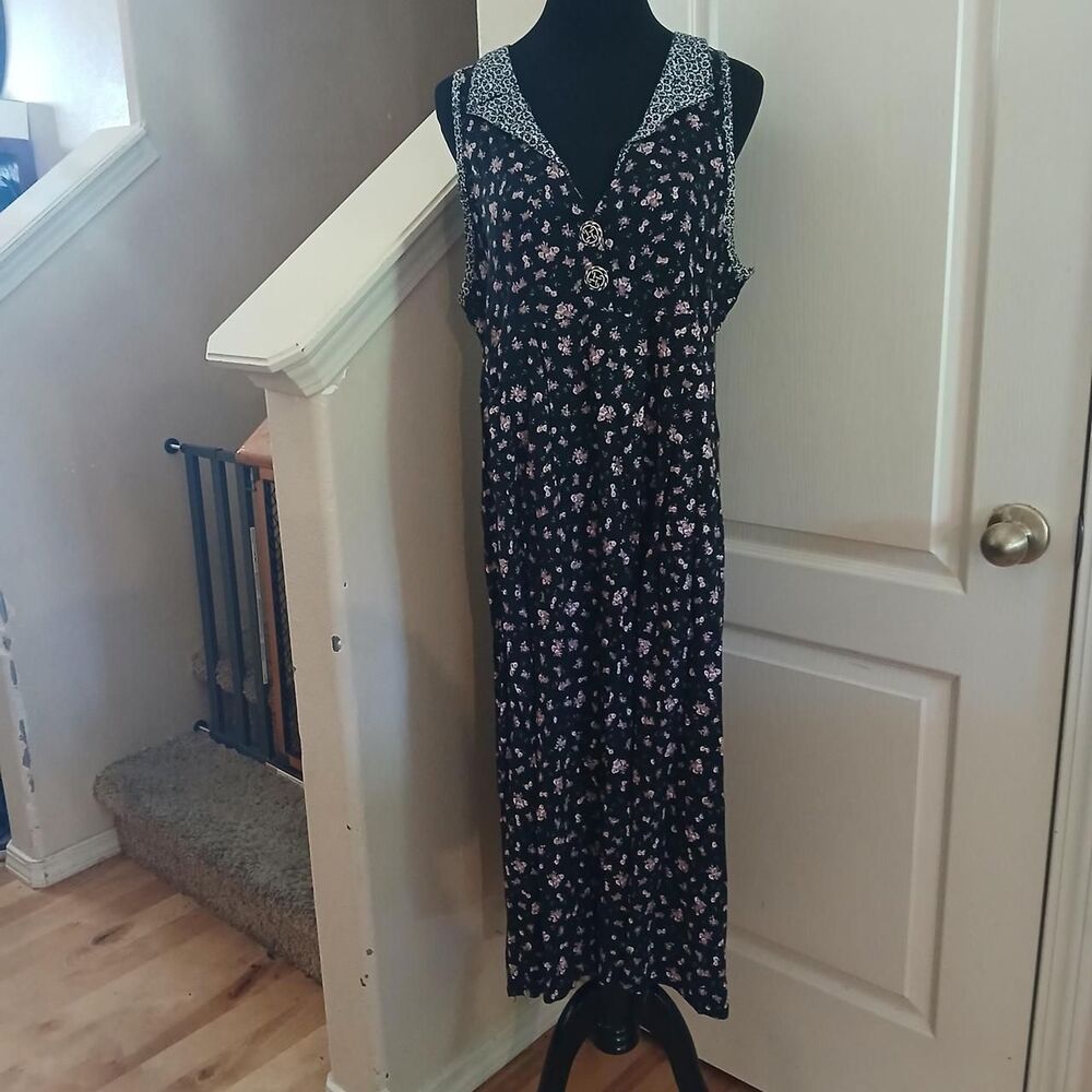 VTG 90s Pennylane Black Ditsy Floral Maxi Dress Ornate Buttons Single Stitch L